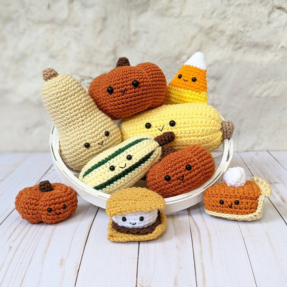 Crochet Fall Harvest Food Patterns, Halloween Pumpkins, Thanksgiving Squashes, Smore, Candy Corn, Pumpkin Pie Amigurumi Patterns